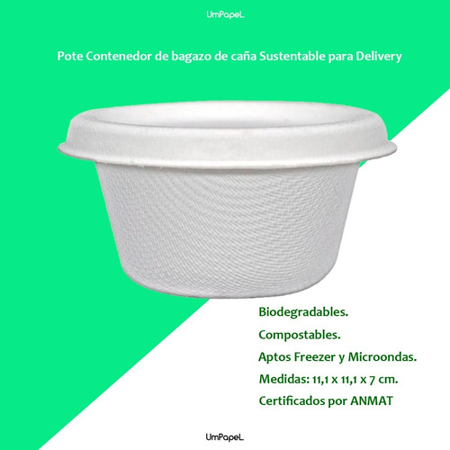 Imagen 2 de 5 de Pote Contenedor Y Tapa 500cc Biodegradable Bagazo Caña X 50u