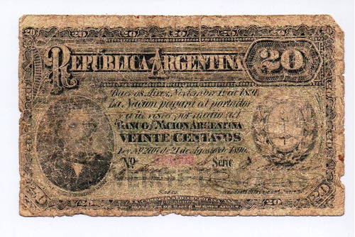 Billete Argentina 20 Centavos 1894 B1025 Firmas Areco Molina