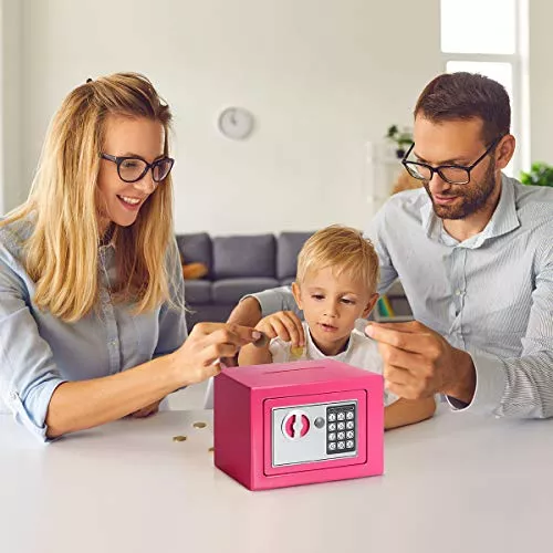 Jssmst Pequeña caja fuerte para niños de 0.17CF para oficina en casa, caja  de seguridad personal con teclado electrónico, caja fuerte para dinero