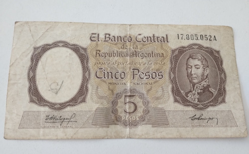 Billete Antiguo  5 Pesos Argentinos 1960