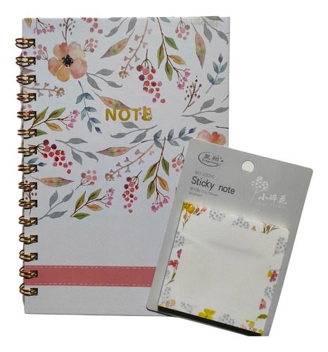 Set Libreta Floreada Diseño Flores + Post It Notas Adhesivas