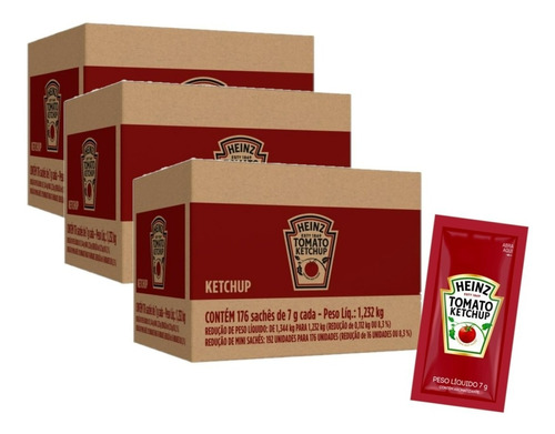 Ketchup Heinz Tradicional Original 176 Sachês Kit 3 Caixas