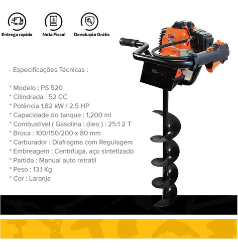 Perfurador De Solo A Gasolina 2,5hp 52cc Terra-psh520