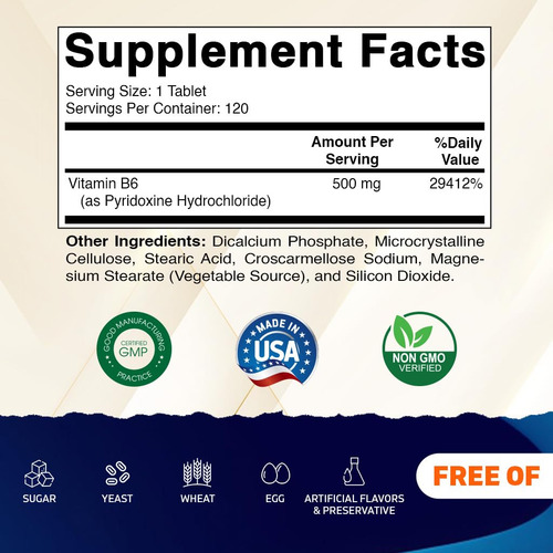 Vitamina B6 Vitamínica (piridoxina Hcl), 500 Mg 120 G