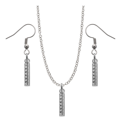 Kit Collar Y Aretes Herramientas Regalo Dije Cadena Acero Plateado Regla Maestra