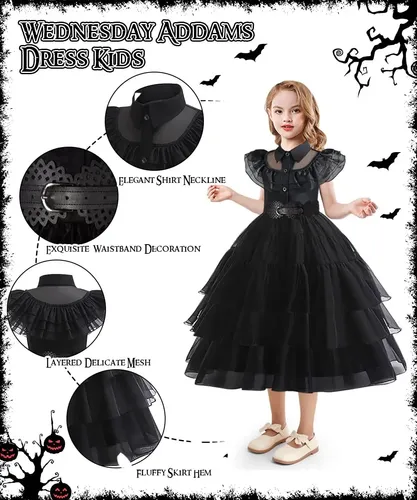 Vestido Disfraz De Miércoles Addams Para Niña – Original Con Peluca Y Puños, Ideal Para Halloween Y Cosplay