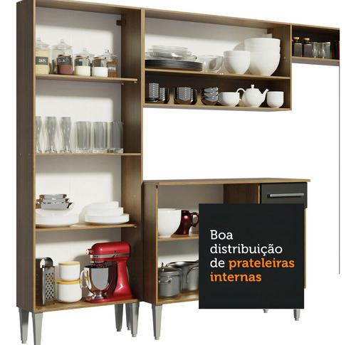 Armário De Cozinha Compacta 165cm Emilly Madesa Rp 02 Cor Rustic/Preto
