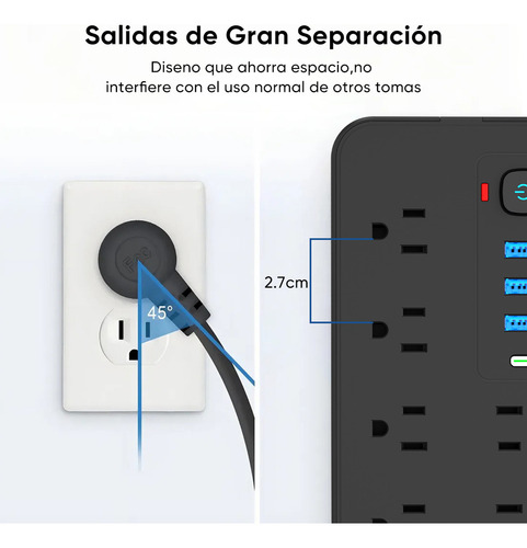 Multicontacto De 8 Tomas Con Usb Color Negro Largo Del Cable De 2m 10a