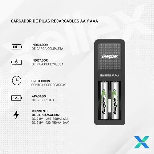 Cargador Energizer Mini AA y AAA + 2 X Pilas Recargables AA