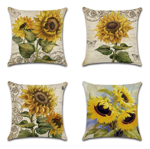 Juego De 4 Fundas De Cojín, Motivo Girasol Vintage,45 X 45cm