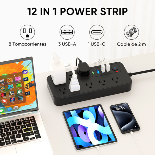 Multicontacto De 8 Tomas Con Usb Color Negro Largo Del Cable De 2m 10a