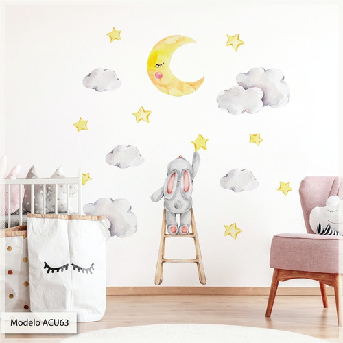Vinilo Decorativo Infantil Conejo Nubes Luna Estrella Acu63a