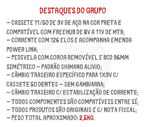 Grupo Relação Sunrace Dkm 1x9v Cassete 11/50 Mtb Completo