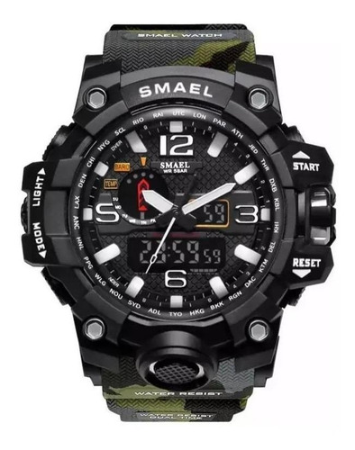 Relógio de pulso Smael 1545 com corpo preto,  analógico-digital, para masculino, fundo  preto, com correia de poliuretano cor camuflado verde, agulhas cor branco e preto, subdials de cor branco, subesferas cor preto, ponteiro de minutos/segundos branco, bisel cor preto e fivela dupla