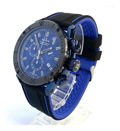 Estupendo Reloj Cronógrafo Suizo Edox . 500atm Negro Con Azul Negro Y Plata Azul Marino (Usado)