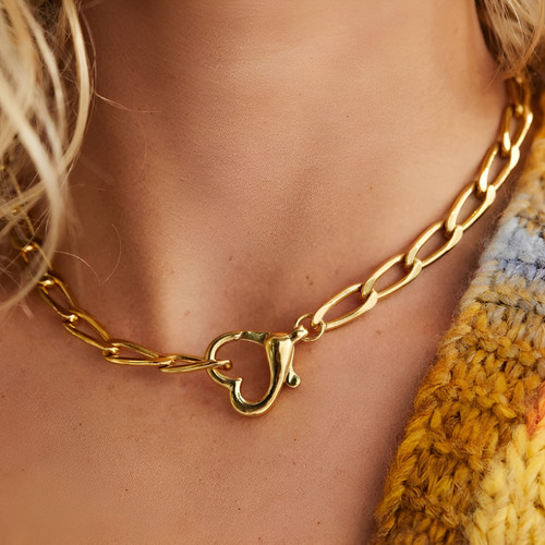 Collar Pendiente Corto Cierre Dije Corazón Acero Baño Oro Dorado