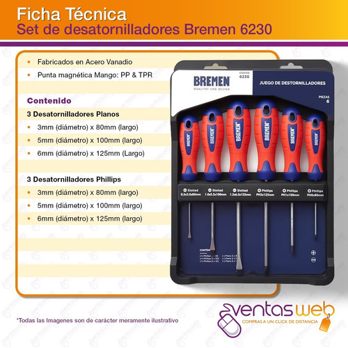 Imagen 3 de 4 de Set Juego 6 Destornilladores Bremen Phillips Plano Imantados