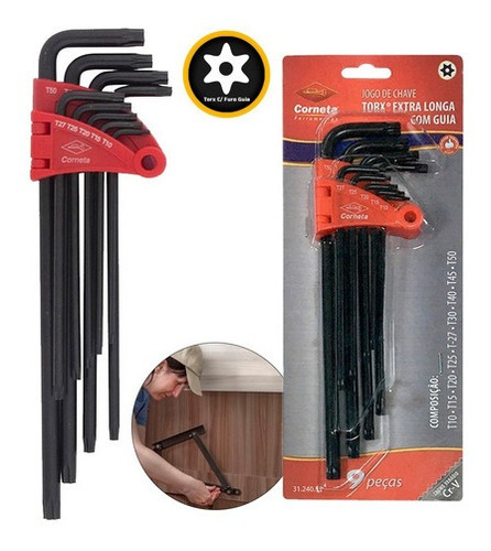 Chave Torx Jogo De Torque Cromo Vanadio Extra Longa 9 Peças