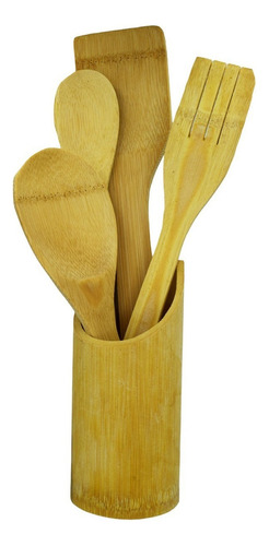 Kit 4 Colheres Espátulas Garfo De Cozinha Bambu Com Suporte