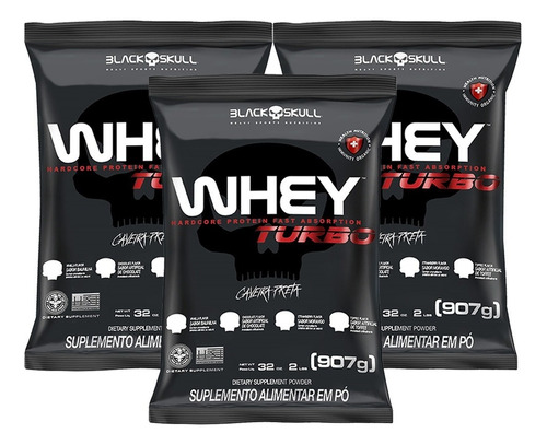 Combo 3x Whey Protein Turbo Refil - 907g Cada - Black Skull Sabor Morango