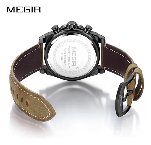 Reloj Hombre Megir Cuero Marron Cronografos + Caja