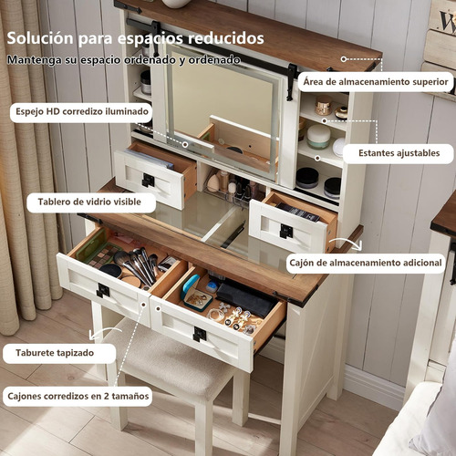 Tocador Vanity Con Espejo Y Luces Led, Mueble Para Recamara Blanco