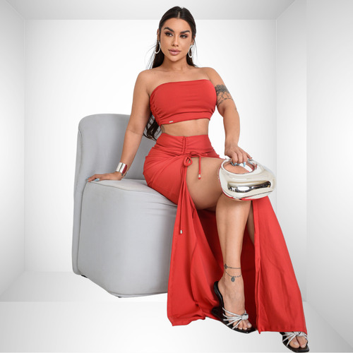 Top Faixa -cropped Tomara Que Caia E Saia Longa Colada Fenda