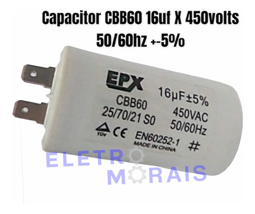 Capacitor Permanente Cbb60 16uf 450vac 50/60 Hz +-5%