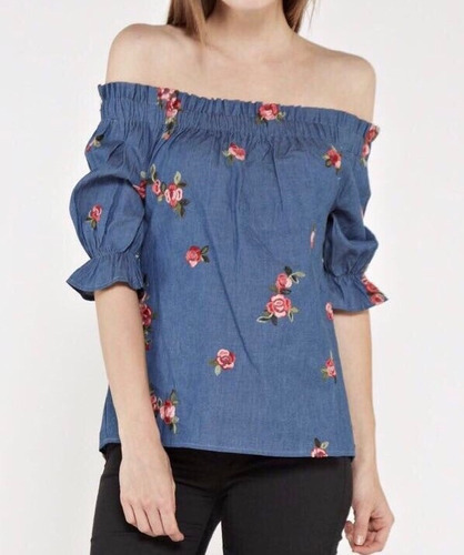 Blusa De Mezclilla Con Bordado De Flores