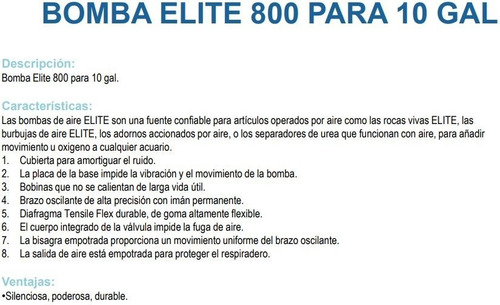 Bomba De Aire Elite 800 Para Acuarios De 40 Litros Peces