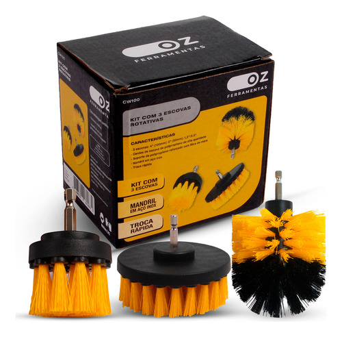 Kit 3 Escovas Limpeza Box Sofas Tapetes Estofados Banheiro Cor Amarelo e Preto