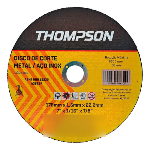 Disco Aco Inox Thompson - 7 X1/16 X7/8  Fino 1,6mm - Kit C/1