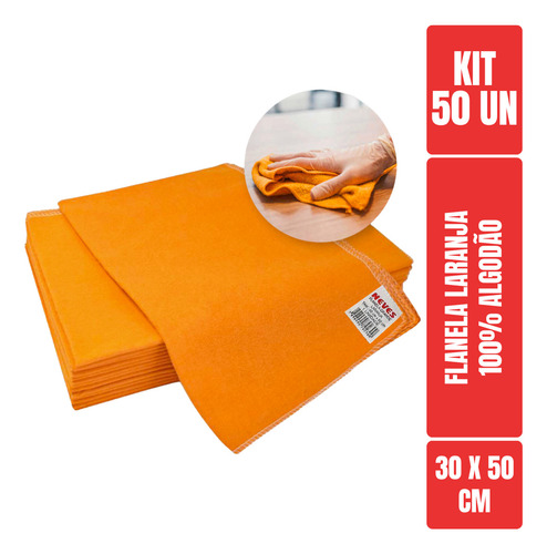 Flanela Limpeza - Laranja - 100% Algodão - Neves 30 X 50 Cm - Kit C/ 50 Unidades