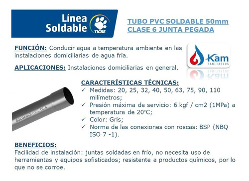 Imagen 3 de 10 de Tubo Soldable 50mm X 6mts Tigre Clase 6 Caño Piscina Riego