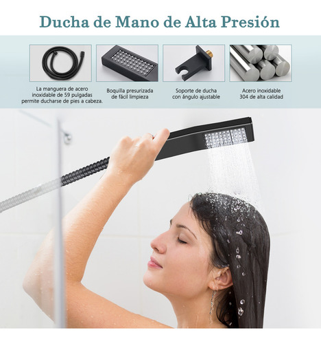 Sistema de Ducha Mumian 226BK Regadera Cuadrada Mate Tipo Lluvia Cabezal de Mano Alta Presión Color Negro