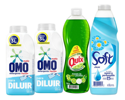 Imagen 2 de 2 de Pack Detergente Líquido 2un 500ml+soft 1l+quix 750ml