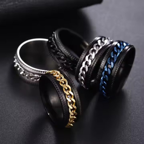 Anillo Anti Estrés De Acero Cadena Giratorio Unisex Ansiedad Plateado 6