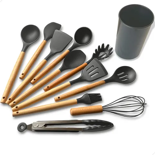 Kit C12 Utensilios De Cozinha Silicone Cabo Madeira