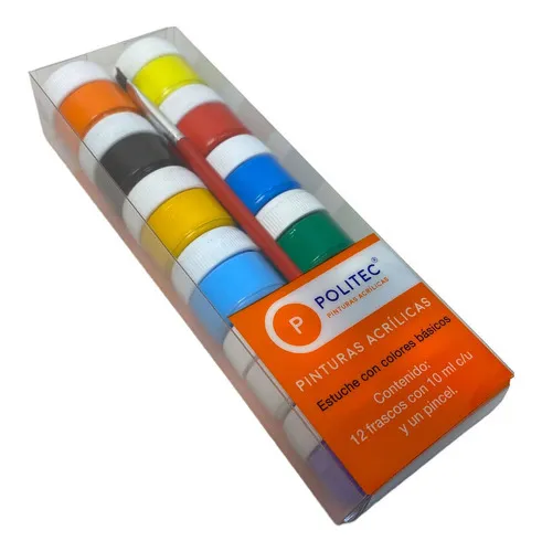 Kit Pinturas Acrílicas Politec 12 Colores 10 Ml C/u Y Pincel