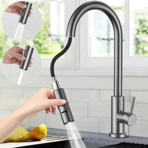 Torneira De Balcão Cozinha Flexível 360° Sem Ângulos Mortos | Veibot Aço Inoxidável 304 Alimentício | Misturadora Fria E Quente | Cinza Brilhante | Acessórios De Instalação Inclusos