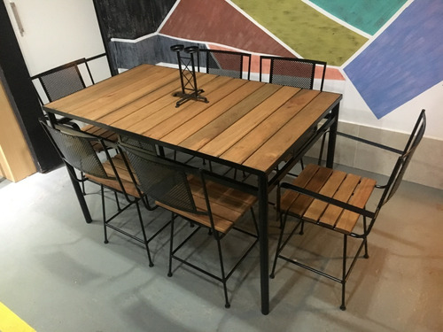 Mesa Hierro Forjado Madera 140x70 4 Sillas + 2 Sillones Deck