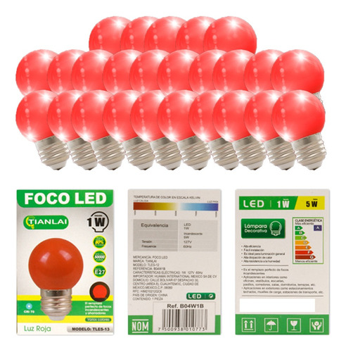 Paquete 25 Focos Led Color Rojo 5w/1w Bifasico Esferico E27