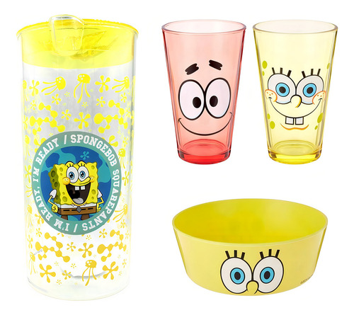 Set Bob Esponja Jarra Vasos Y Plato Nickelodeon Color Amarillo