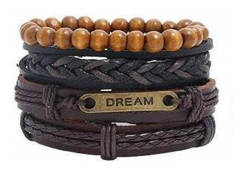 Conjunto Pulsera Brazalete Cuero Dije Dream 4 En 1 