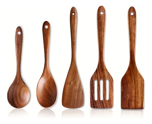 Juego De Cucharas De Cocina De Madera De 5 Piezas, Juego De