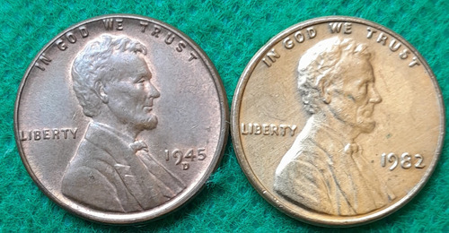 Dos Monedas De 1 Centavo, Eeuu, Año 1945 Bronce , 1982 Cobre