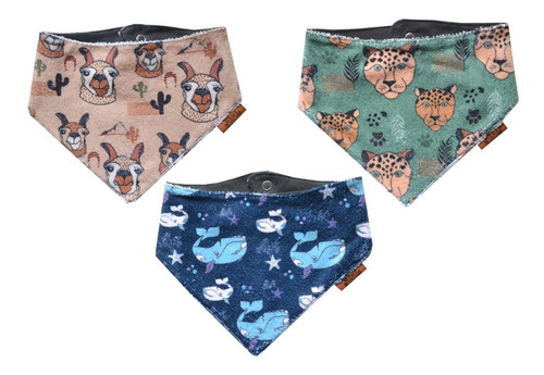 Baberos Bandana Bebé Reversibles Diseño Animales- Pack X 3  