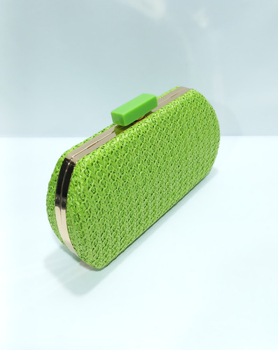 Clutch De Festa, Feita Em Ráfia Com Alça Tiracolo Dourada Verde-limão Entrelaçada Ouro Dourada