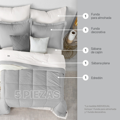 Set Edredón Individual + Fundas + Sábanas 5 Pzas Real Textil Gris-blanco
