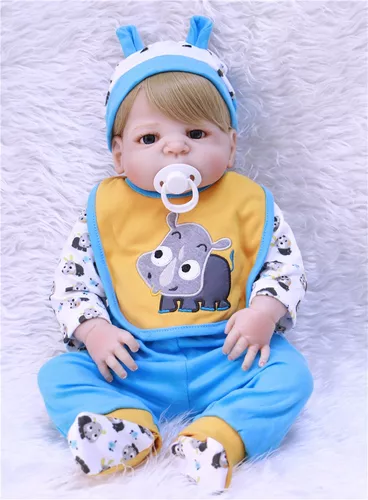 boneca bebe reborn menino corpo de silicone roupa azul com babador